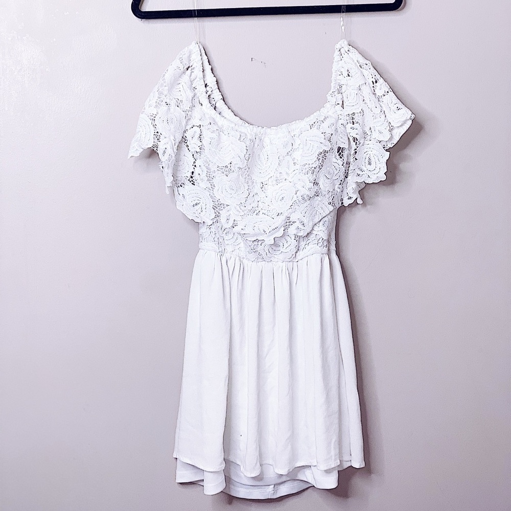Off the Shoulder Lace White Mini Dress